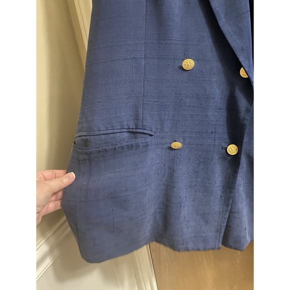 Vintage Silkland 100% Silk Navy Blue Blazer Gold Buttons Oversized Fit Size 14 - Picture 5 of 16